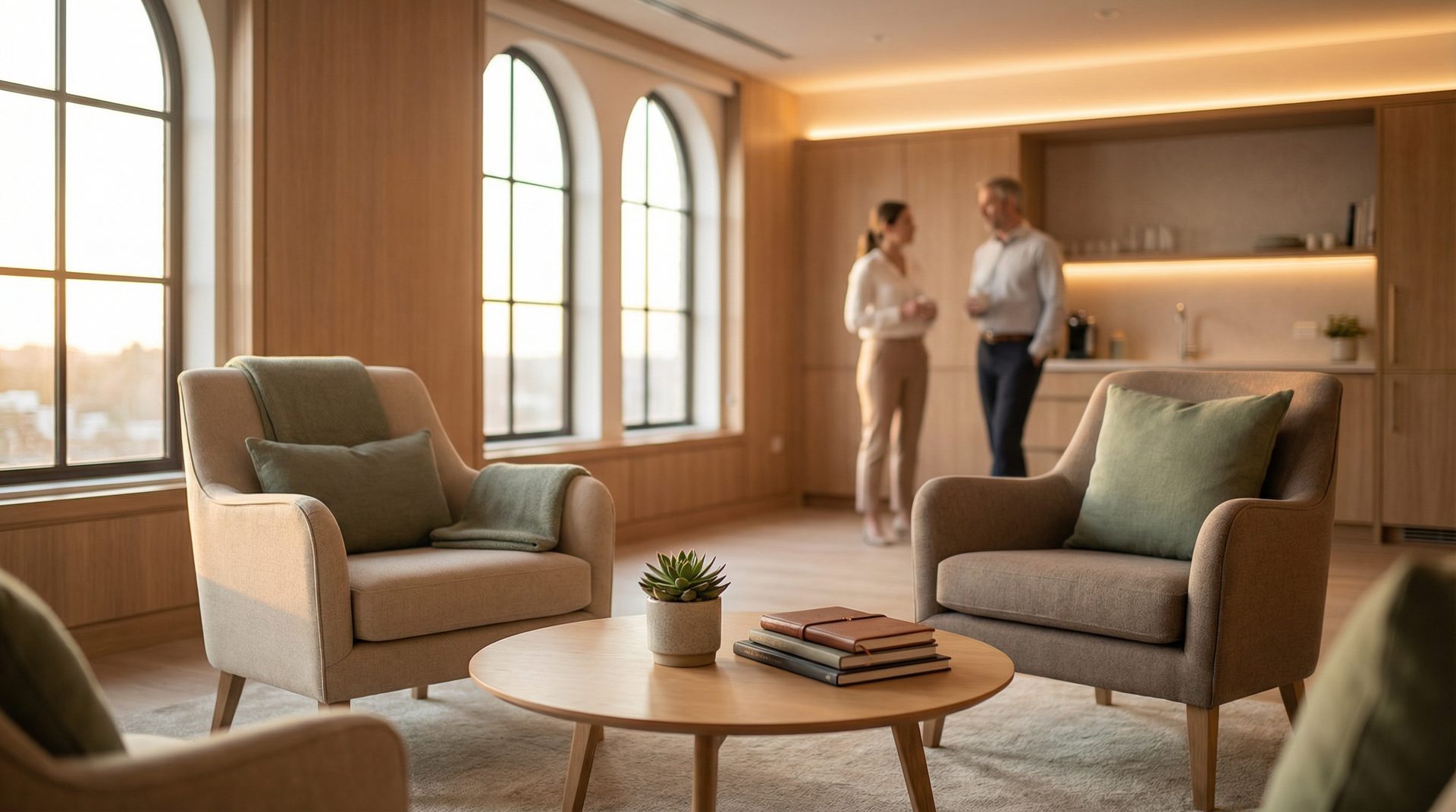 Profissionais em networking no lounge